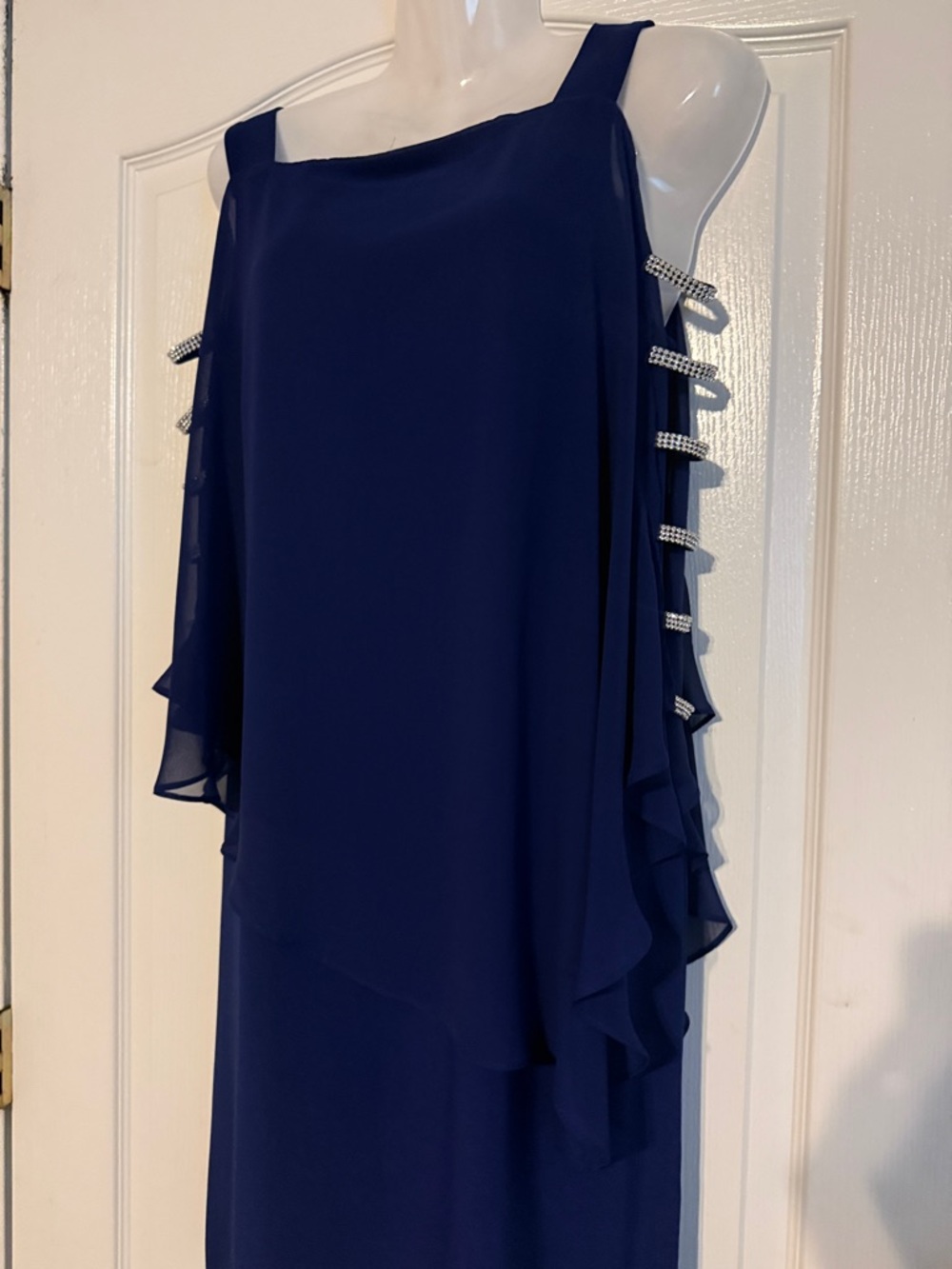 J.B.S. Dark Blue Midi Dress with Rhinestone Cold Shoulder Arm Detail